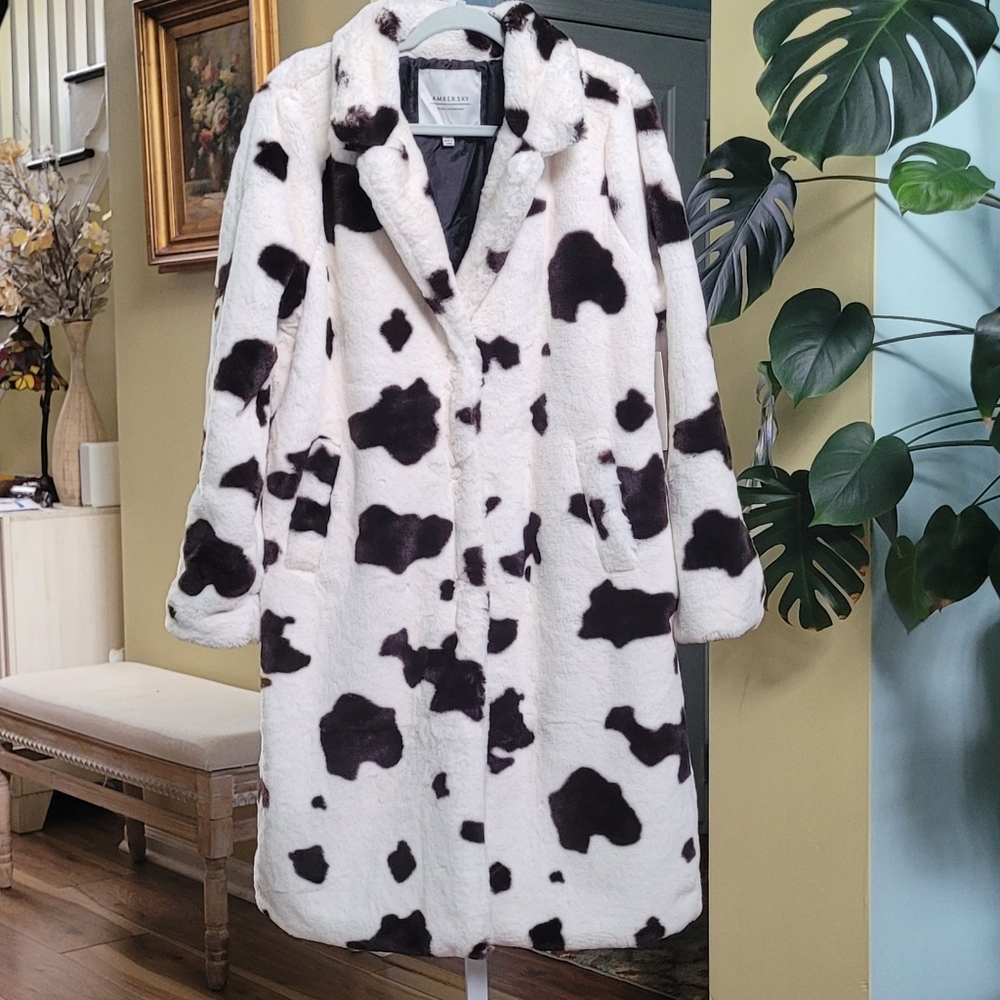 AMBER SKY Cow-Print Faux Fur Women Coat-Brown/Cream Size XL